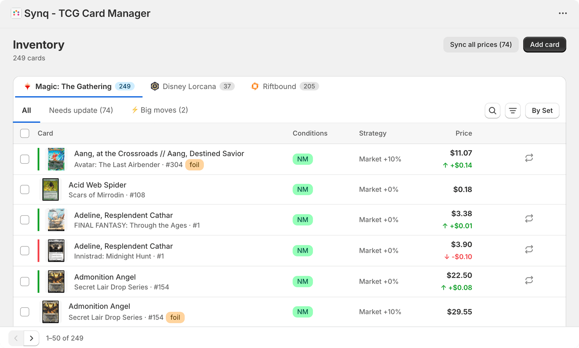 Synq dashboard — manage card inventory and update prices in bulk